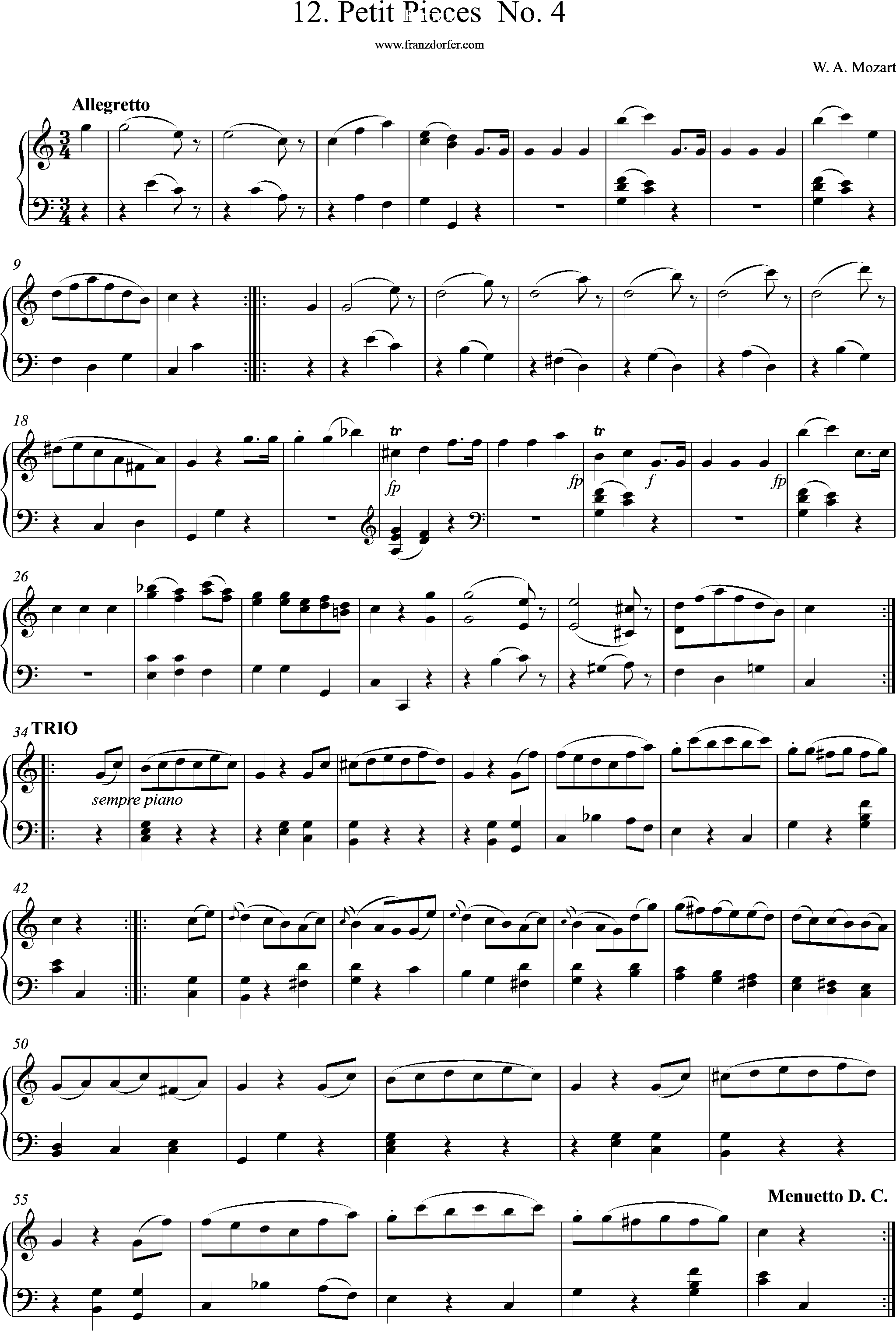 menuetto, 12 Petit piesces, No 4, Mozart, C-Major